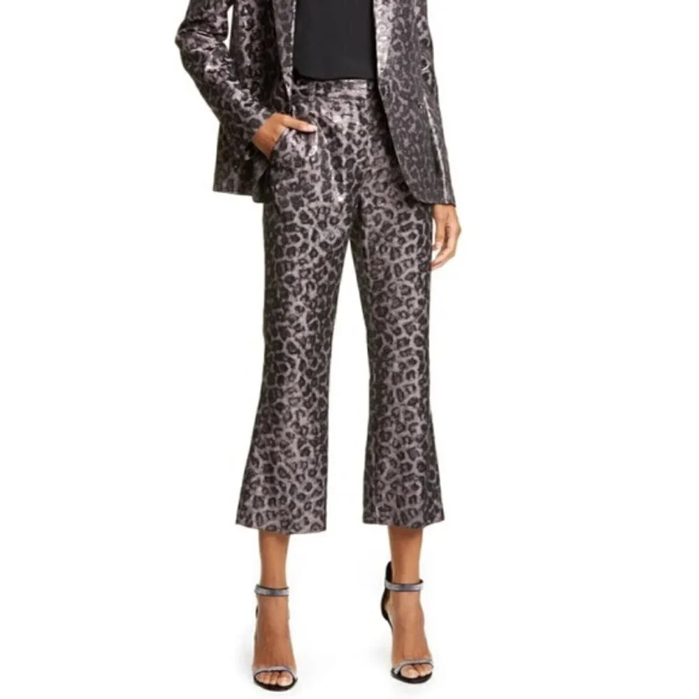 Tanya Taylor Madden Metallic Leopard Print Kick Flare Gunmetal Pants NWT Size 2